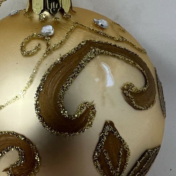 Santas Best Christmas Ornament Gold Round Blown Glass Glitter Rhinestone Jewel - Picture 6 of 6